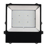 LED flood light with black frame and visible LED components on a white background