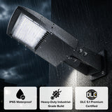 LED street light with raindrop effects on a dark background, featuring waterproof and certification logos.