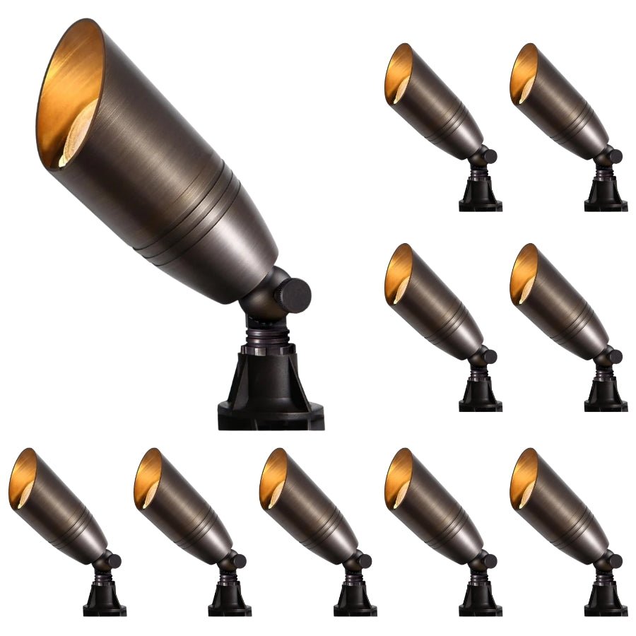 Set of ten bronze outdoor spotlights on a white background