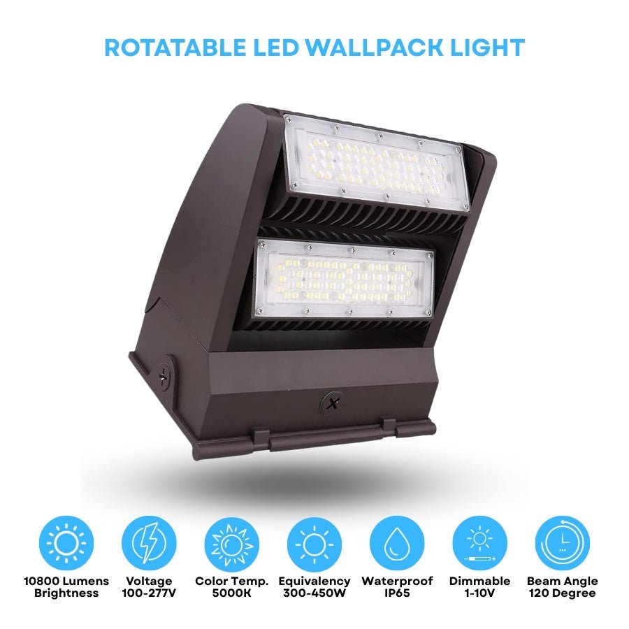 Rotatable LED wallpack light with specifications on a white background, wall pack led lights at switchtoled