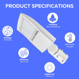 Product specifications of 150W LED area light showing 21,000 lumens and 5000K daylight output.