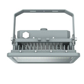 Front view of 150W LED explosion proof flood light delivering 20,250 lumens with a durable Class I Division 2 hazardous location housing.