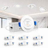 2 Inch Eyeball LED Gimbal Downlight, 5W, 550 Lumens, 5CCT Selectable 2700K/3000K/3500K/4000K/5000K, 360° Rotation & 90° Tilt, Dimmable, Canless Recessed Ceiling Light with Junction Box, IC Rated, ETL Listed, White
