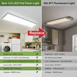 Comparison of a new 1x4 LED flat panel light and an old 4FT fluorescent light in a kitchen setting.