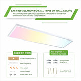 1x4 LED flat panel light with installation instructions and support items on a white background