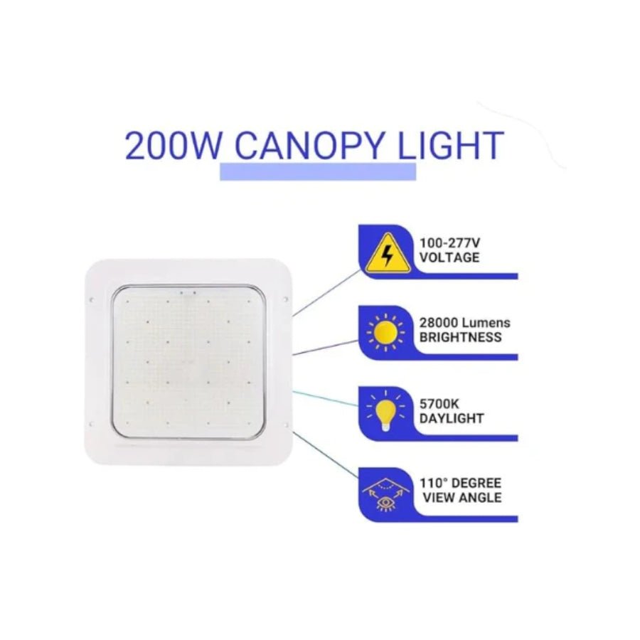 200W LED Canopy Light voltage 100-277v, 28000 lumens and 5700k daylight temperature features at switch to led