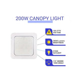 200W LED Canopy Light voltage 100-277v, 28000 lumens and 5700k daylight temperature features at switch to led