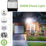200W flood light with house exterior illuminated by it, featuring ETL certification.
