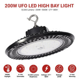 200W UFO LED High Bay Light with specifications on a white background