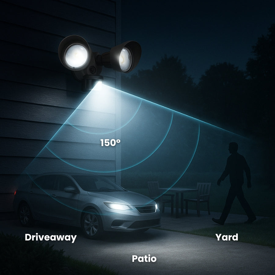 Outdoor security light system illuminating a driveaway, yard, and patio with a 150-degree coverage area.