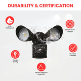 Light fixture durability and certification features on a white background