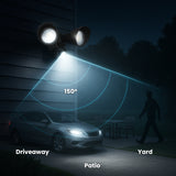 Outdoor security light system illuminating a driveaway, yard, and patio with a 150-degree coverage area.