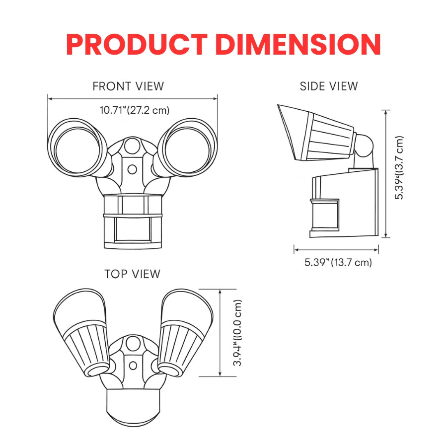 Product dimensions diagram for a light fixture with front, side, and top views.