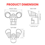 Product dimensions diagram for a light fixture with front, side, and top views.