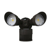 Black outdoor security light with dual floodlights on a white background