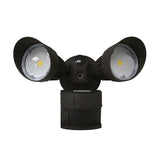 Black outdoor security light with dual floodlights on a white background