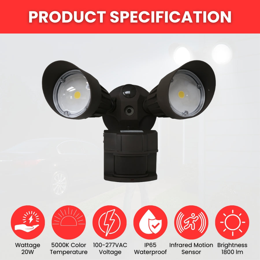 Black outdoor security light with specifications on a white background