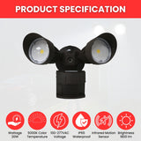 Black outdoor security light with specifications on a white background