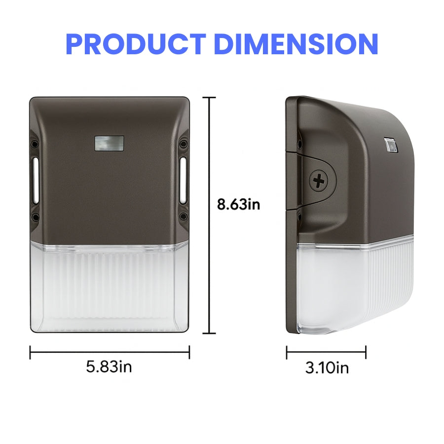 Dimensions of a wall-mounted wall pack lights with clear and brown sections on a white background.