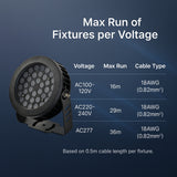 LED fixture with max run of fixtures per voltage information on a blue background