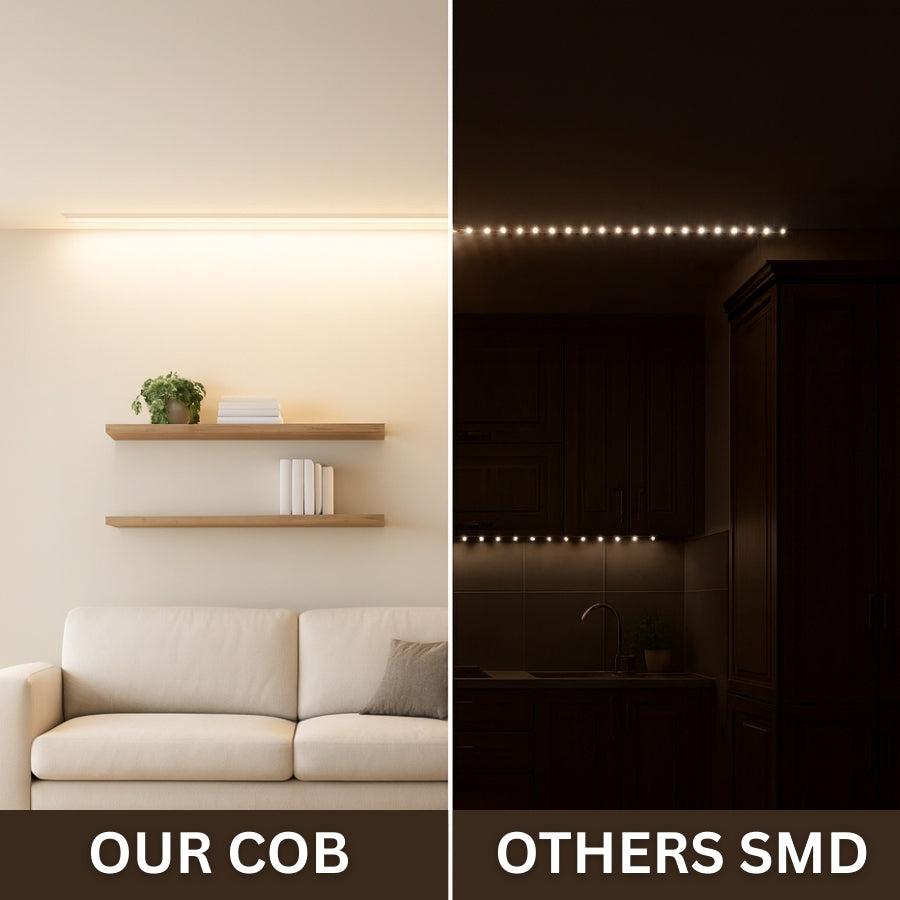Comparison of LED strip lights labeled 'OUR COB' and 'OTHERS SMD' in a living room setting.