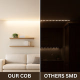 Comparison of LED strip lights labeled 'OUR COB' and 'OTHERS SMD' in a living room setting.