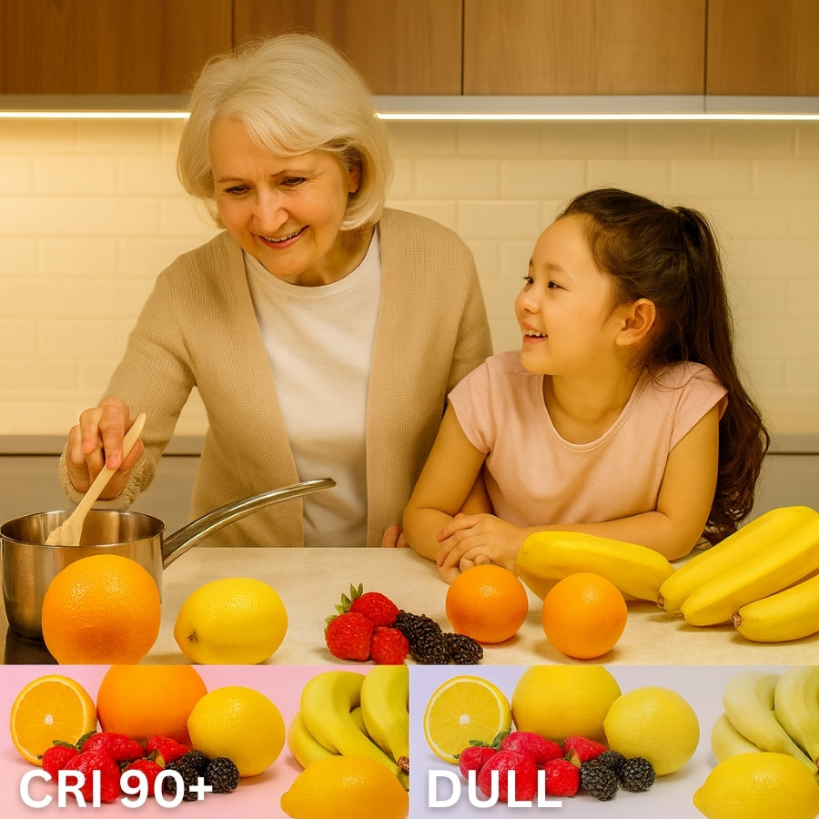 Grandmother and granddaughter in a kitchen with fruits and vegetables on a table shoing application of 24v cob led strip lights