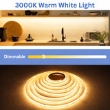 Kitchen scene with warm white light strip and '3000K Warm White Light' text.
