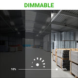 Comparison of a dimly lit warehouse with a well-lit warehouse, showing the effect of dimmable lighting.