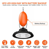 UFO LED High Bay Light with Emergency Battery Backup, 150W/200W/240W Power Selectable, Up to 33,600 Lumens, 4000K/5000K/5700K Selectable, 120-277V, 0-10V Dimmable, UL DLC Listed, 90-Min Emergency Lighting