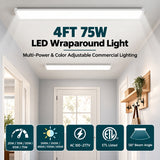 4FT LED Wraparound Light, 20W/35W/50W/65W/75W Selectable, 5CCT Adjustable 3000K-6500K, 130 LM/W, 2600-9750 Lumens, 100-277V, Surface Mount or Hanging, Linkable Commercial LED Fixture