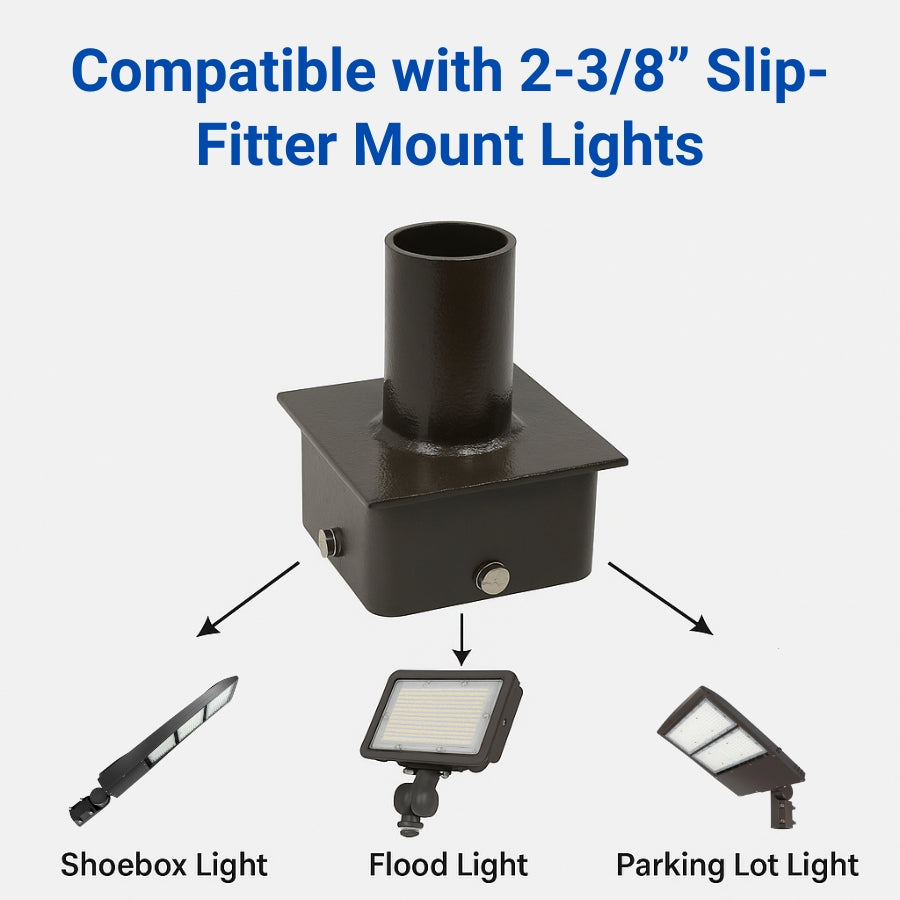 Light fitting compatible with 2-3/8" slip-fitter mount lights, shown with shoebox light, flood light, and parking lot light examples.