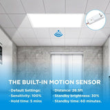 2X2FT LED Panel Light with Motion Sensor, 5 Watts Selectable 20/25/30/35/40W, 5 Colors Temperature Selectable 3K/3.5K/4K/5K/6.5K Dimmable Recessed Drop Ceiling, Lay in Fixture for Office100-277V 4PACK