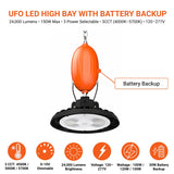 UFO LED High Bay Light with Emergency Battery Backup, 100W/120W/150W Power Selectable, Up to 24,000 Lumens, 4000K/5000K/5700K Selectable, 120-277V, 0-10V Dimmable, UL DLC Listed, 90-Min Emergency Lighting