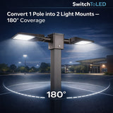 180° Square Pole Tenon Adapter with 2 Arms, Fits 4 Inch Square Light Pole, 2-3/8” OD Dual Horizontal Tenon Mount for LED Area Lights, Shoebox Parking Lot Lights & Flood Lights, Heavy Duty Steel