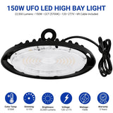 150W UFO LED High Bay Light, 22,500 Lumens, 400W Metal Halide Equivalent, 5700K Cool White, 120-277V AC, 90° Beam Angle, 6FT Cable Included, UL & cUL Listed, 3-Year Warranty, Commercial Warehouse Lighting