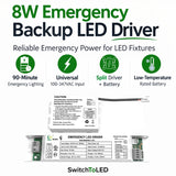 8W Low Temperature Split Built-In Emergency Backup Battery Driver – 100-347VAC LED Emergency Power Supply, 36-56VDC Output, 90-Minute Backup, LiFePO4 Battery, Test Switch & Indicator, UL924 LED Emergency Driver for Panels Troffers Downlights