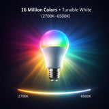 Smart RGB Color-Changing LED Light Bulb, 60W Equivalent, 800 Lumens, 9W E26 Base, 2700K–6500K Tunable White, 16 Million Colors, WiFi App & Voice Control, Works with Alexa & Google Home, Timer & Group Control