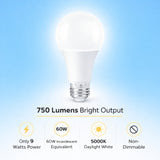 LED A19 Bulb, 9W (60W Incandescent Equivalent), 750 Lumens, 5000K Daylight White, E26 Medium Base, 220° Wide Beam, UL Damp Rated, Frosted, Energy Efficient, 10,000 Hour Lifespan