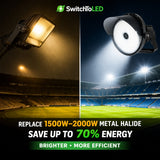 300/400/500W LED Sport Light – Stadium Floodlight, Up to 75,000 Lumens, 5000K Daylight, 0‑10V Dimmable Outdoor Flood Light, IP65 Weatherproof, UL & DLC Certified, 1500W Metal Halide Equivalent