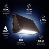 40W LED Full Cutoff Wall Pack Light – 5200 Lumens 5000K Daylight, 120-277V 0-10V Dimmable Outdoor Security Fixture, IP65 Waterproof Bronze Housing, Commercial Exterior Lighting, 175W Metal Halide Equivalent