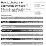 4PIN Transparent COB Connectors Kit for RGB COB LED Strip Lights – 10mm, Solderless Connection, 5pcs 15cm Wires