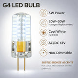 G4 LED Light Bulbs, 3W AC/DC 12V, T3 JC Bi-Pin Base, 20W Halogen Replacement, 220 Lumens, Cool White 6000K, Non-Dimmable, Landscape, RV & Under Cabinet Lighting