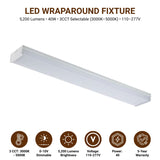 4FT LED Wraparound Light – 40W, 3CCT Adjustable 3000K/4000K/5000K, 5200 Lumens, 0-10V Dimmable, 120-277V, Up to 128W Fluorescent Equivalent, UL/DLC Damp Location Rated, Motion Sensor & Emergency Backup Ready, 5-Year Warranty