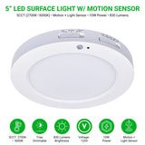 5" 10W LED Surface Mount Downlight with Motion Sensor - 5CCT Selectable (2700K–5000K) - TRIAC Dimmable - 75W Incandescent Equivalent - 830 Lumens - White Finish