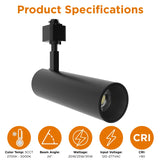 30W/25W/20W Selectable LED Track Light, Black Housing, 5CCT Selectable, CRI 90+, H/J Type Compatible, 24° Beam Angle, Triac Dimmable, 120-277V Commercial Accent & Retail Lighting