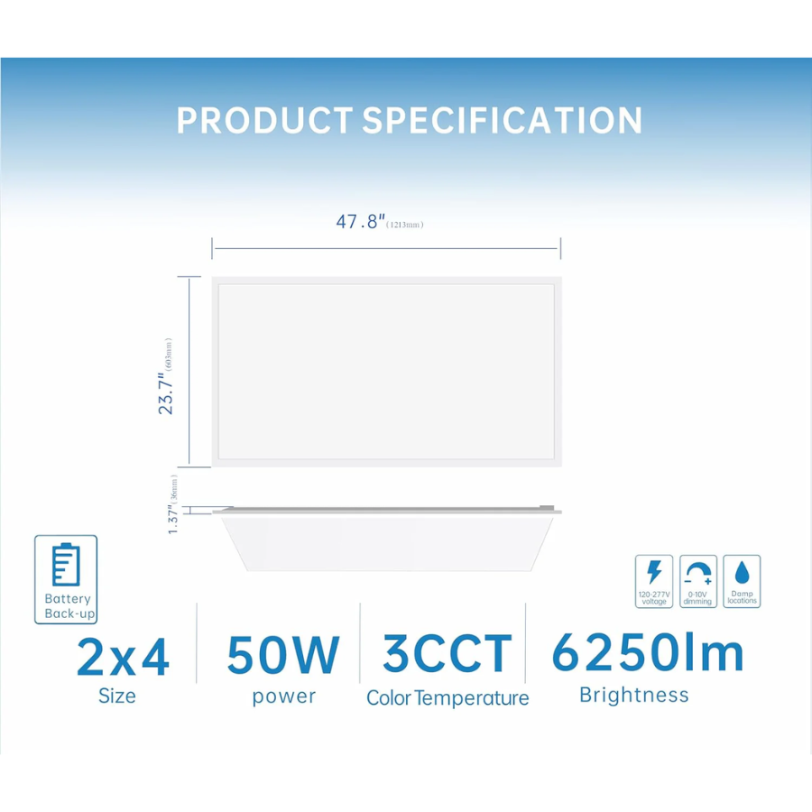 Product specifications of a rectangular light fixture with dimensions, power rating, color temperature, and brightness.