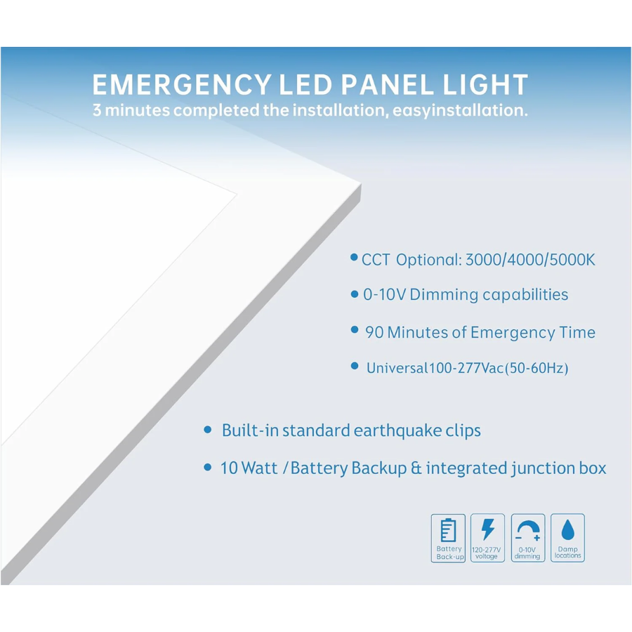 Emergency LED panel light with specifications on a blue gradient background