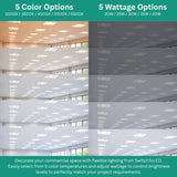 2x2 LED troffer light with 5 selectable color temperatures 3000K–6500K and adjustable wattage 20W–40W for customizable commercial lighting