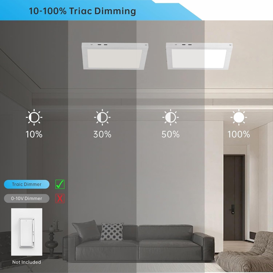 Living room with 2x2FT Led Flat Panel ceiling lights showing different brightness levels and a Trac dimmer switch.